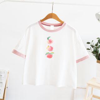 Short-sleeve Fruit Printed Contrast Trim T-shirt White - One Size