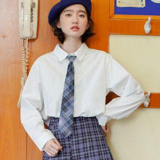 Plain Shirt With Plaid Necktie White - One Size