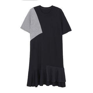 Elbow-sleeve Plaid Panel Ruffle Hem Midi Dress Black - One Size