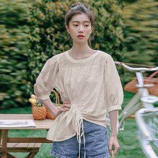 Asymmetric Drawstring 3/4-sleeve Blouse