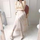 Set: Puff-sleeve Rib-knit Cardigan + Tulle Tiered Skirt Ivory - One Size