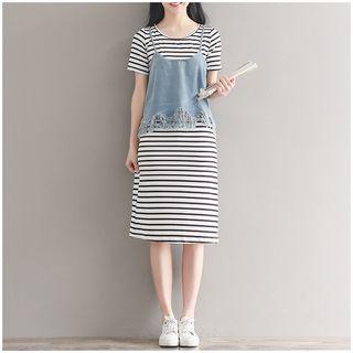 Set: Striped Short Sleeve T-shirt Dress + Fringed Denim Camisole Top