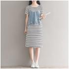Set: Striped Short Sleeve T-shirt Dress + Fringed Denim Camisole Top