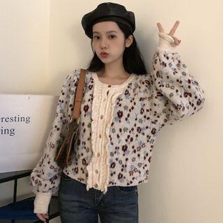 Floral Print Cardigan Black & Blue & White - One Size