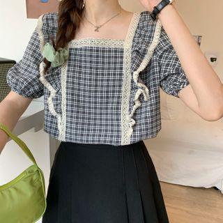 Lace Trim Ruffled Plaid Puff-sleeve Blouse Plaid - Black & White - One Size