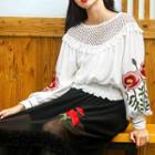 Embroidered Long-sleeve Gathered-waist Blouse