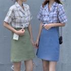 Elbow-sleeve Plaid Double Breasted Shirt / A-line Mini Skirt