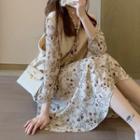 Knit Vest / Flower Print Long-sleeve Midi Shift Dress / Set