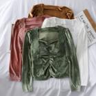 Lace-panel Ruched Velvet Blouse