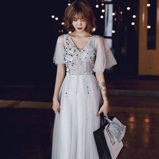 Elbow-sleeve Sequin Embellished A-line Gown