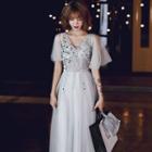 Elbow-sleeve Sequin Embellished A-line Gown