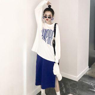 Long-sleeve Lettering T-shirt/ Slit-side Contrast-trim Midi Skirt
