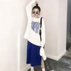 Long-sleeve Lettering T-shirt/ Slit-side Contrast-trim Midi Skirt