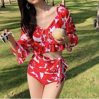 Set: Bell-sleeve Print Swim Top + Bottom