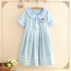 Bear Embroidered Sailor Collar Pleated Dress As Shown In Figure - One Size