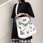 Butterfly Print Shirred Strap Tote Bag White - One Size