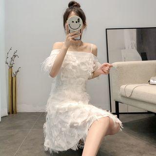 Fringed Trim Off-shoulder Short-sleeve A-line Dress
