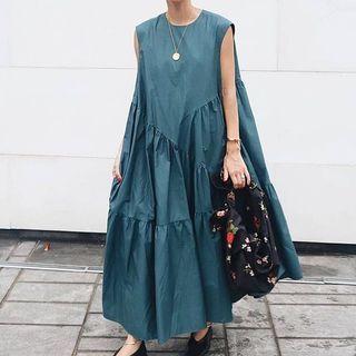 Sleeveless Plain Midi A-line Dress Sky Blue - One Size