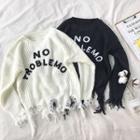 Asymmetric Frayed Lettering Printed Long-sleeve Knit Top