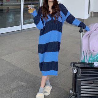 Long-sleeve V-neck Striped Knit Midi Dress