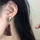 Heart Tassel Pom Pom Asymmetrical Dangle Earring 1048a - 1 Pair - Gold & Red & Green - One Size
