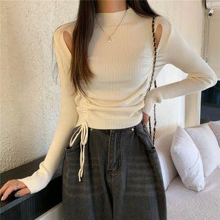 Mock-neck Cutout Drawstring Knit Top