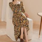 Floral Ruffle Trim Square-neck Midi A-line Dress