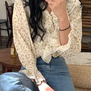 Long-sleeve Lace Trim Ruffled Floral Top As Shown In Figure - One Size