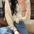 Long-sleeve Lace Trim Ruffled Floral Top As Shown In Figure - One Size