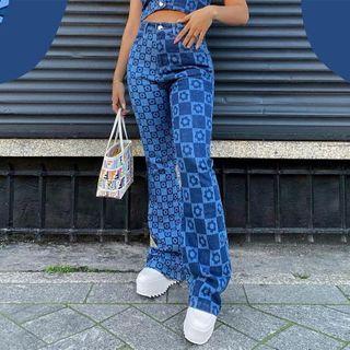 Floral Checkered Straight Leg Jeans