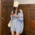 Long-sleeve Cold Shoulder Striped Shirt Blue - One Size