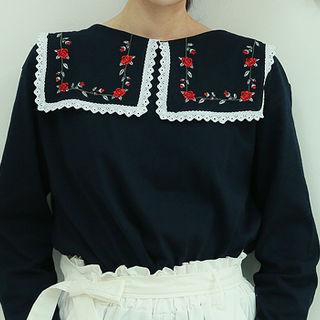 Rose Embroidered Sailor-collar Top