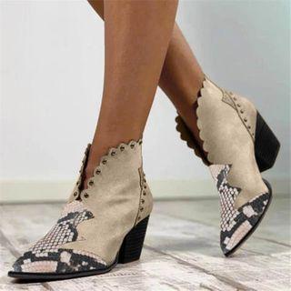 Snake Grain Panel Studded Block Heel Ankle Boots