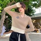 V-neck Embroider Two Tone Cropped Sweater