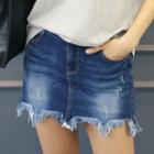 Inset Shorts Fringe-hem Denim Mini Skirt