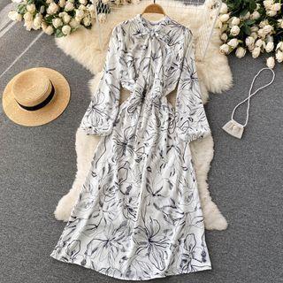 Lace-up Bow Print Long-sleeve Dress