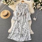 Lace-up Bow Print Long-sleeve Dress