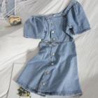 Short-sleeve Cutout A-line Denim Dress