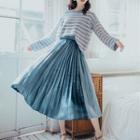 Set: Striped Sweater + Midi Accordion Pleated Skirt