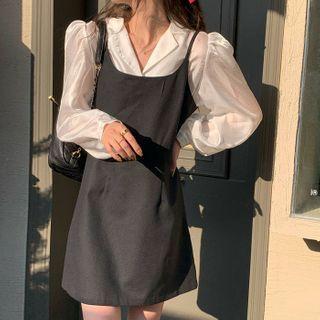 Puff-sleeve Plain Blouse / Spaghetti Strap Plain Open-back Bow Dress