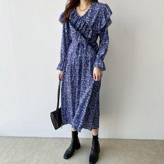 Floral Ruffle Long-sleeve Midi A-line Dress
