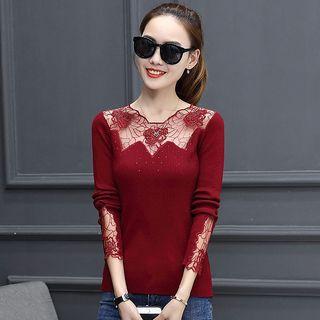 Mesh Panel Long-sleeve Knit Sweater