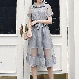 Short-sleeve Sheer Panel Plaid A-line Midi Dress