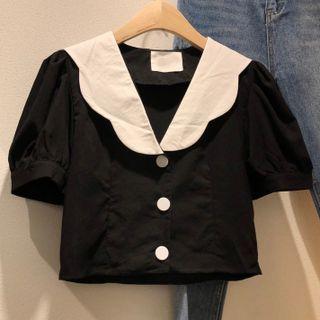Short-sleeve Contrast Collar Cropped Blouse