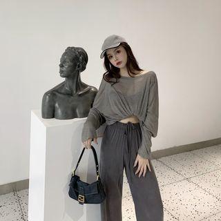 Plain Sheer T-shirt / Drawstring Wide Leg Pants