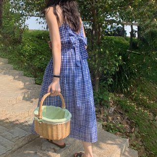 Spaghetti Strap Plaid Bow Midi A-line Dress