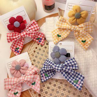 Set: Flower Fabric Hair Clip + Plaid Bow Hair Clip