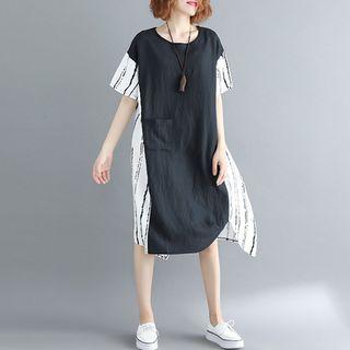 Short-sleeve Striped Panel Midi Dress