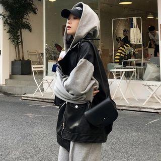 Faux-leather Hooded Jacket As Shown In Figure - One Size