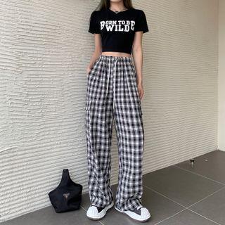 Short-sleeve Letter Print Cropped T-shirt / High-waist Drawstring Plaid Pants